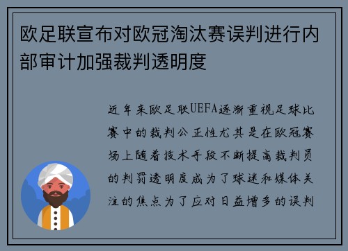 欧足联宣布对欧冠淘汰赛误判进行内部审计加强裁判透明度