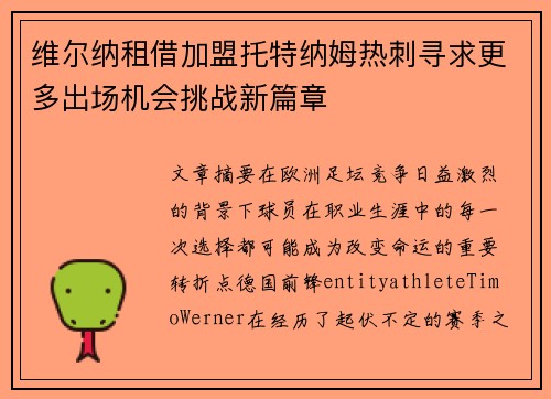 维尔纳租借加盟托特纳姆热刺寻求更多出场机会挑战新篇章 维尔纳租借加盟托特纳姆热刺寻求更多出场机会挑战新篇章